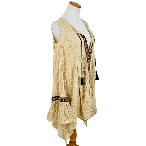 Free People Beige Crochet Cold Shoulder Bell Slv Asymmetrical Tunic Mini Dress - Picture 6 of 16